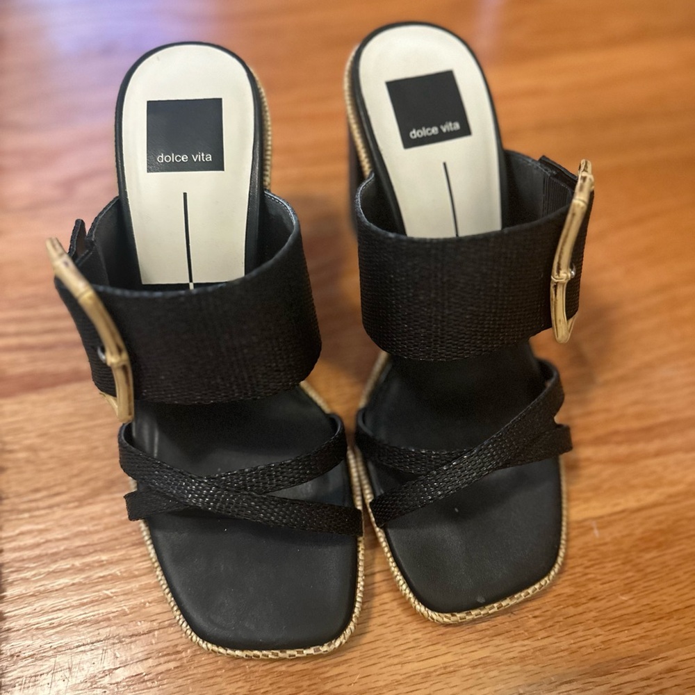 Dolce Vita Black Heeled Sandals with Gold Buckle